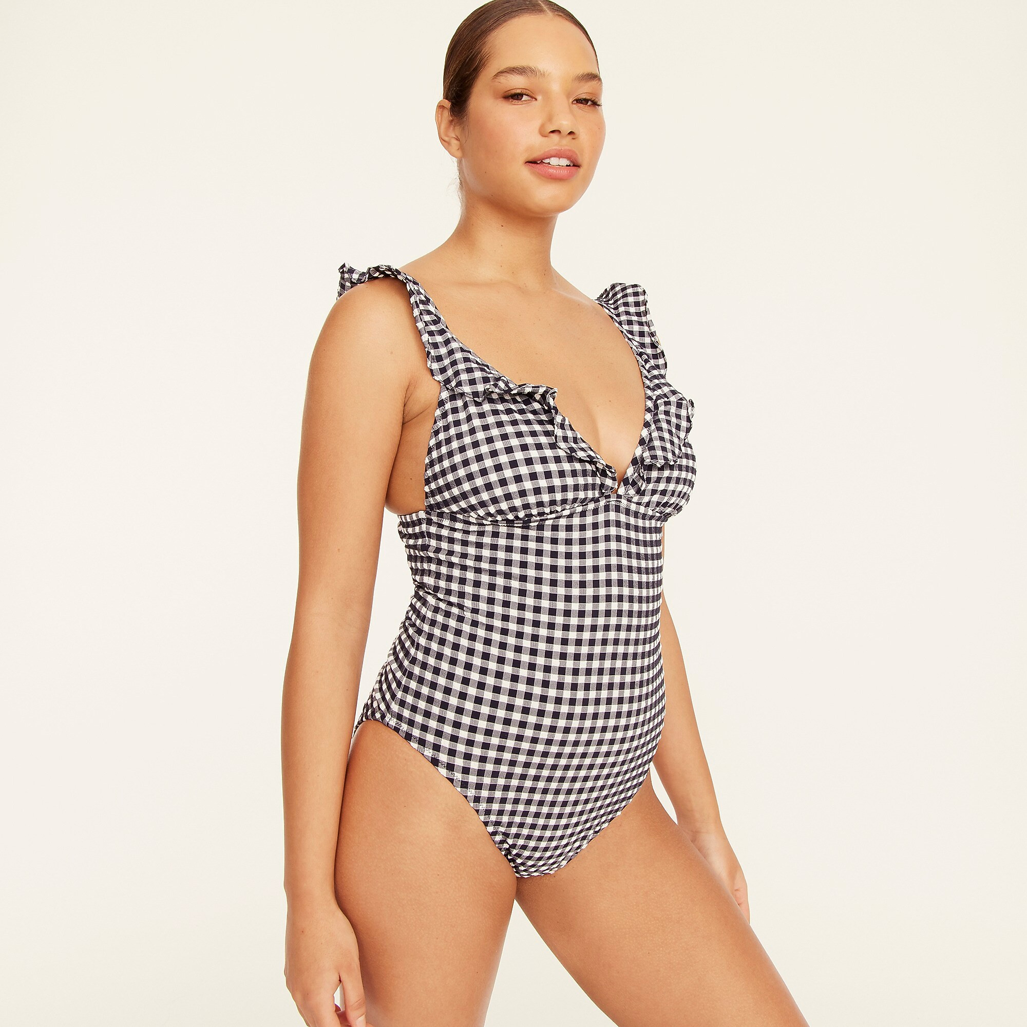 Ruffle V-neck one-piece in gingham | J. Crew US