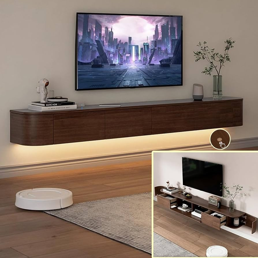 Floating TV Stand, Solid Wood Wall TV Shelf with Door, TV Media Console, Wall Mounted TV Cabinet ... | Amazon (UK)