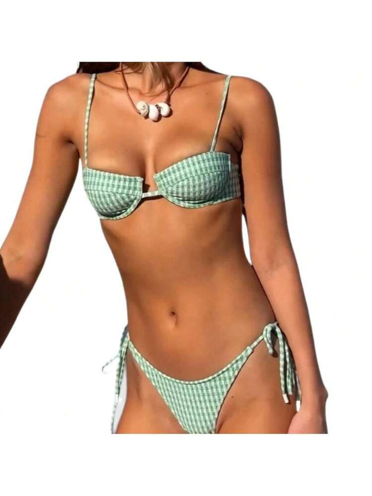 Women's Plaid Print String Bikini Set Green Bikini Swimsuit Plaid Spaghetti Strap Women's Swimwear Low Waist Beach Vacation Wear TikTokShop CyberMonday | SHEIN