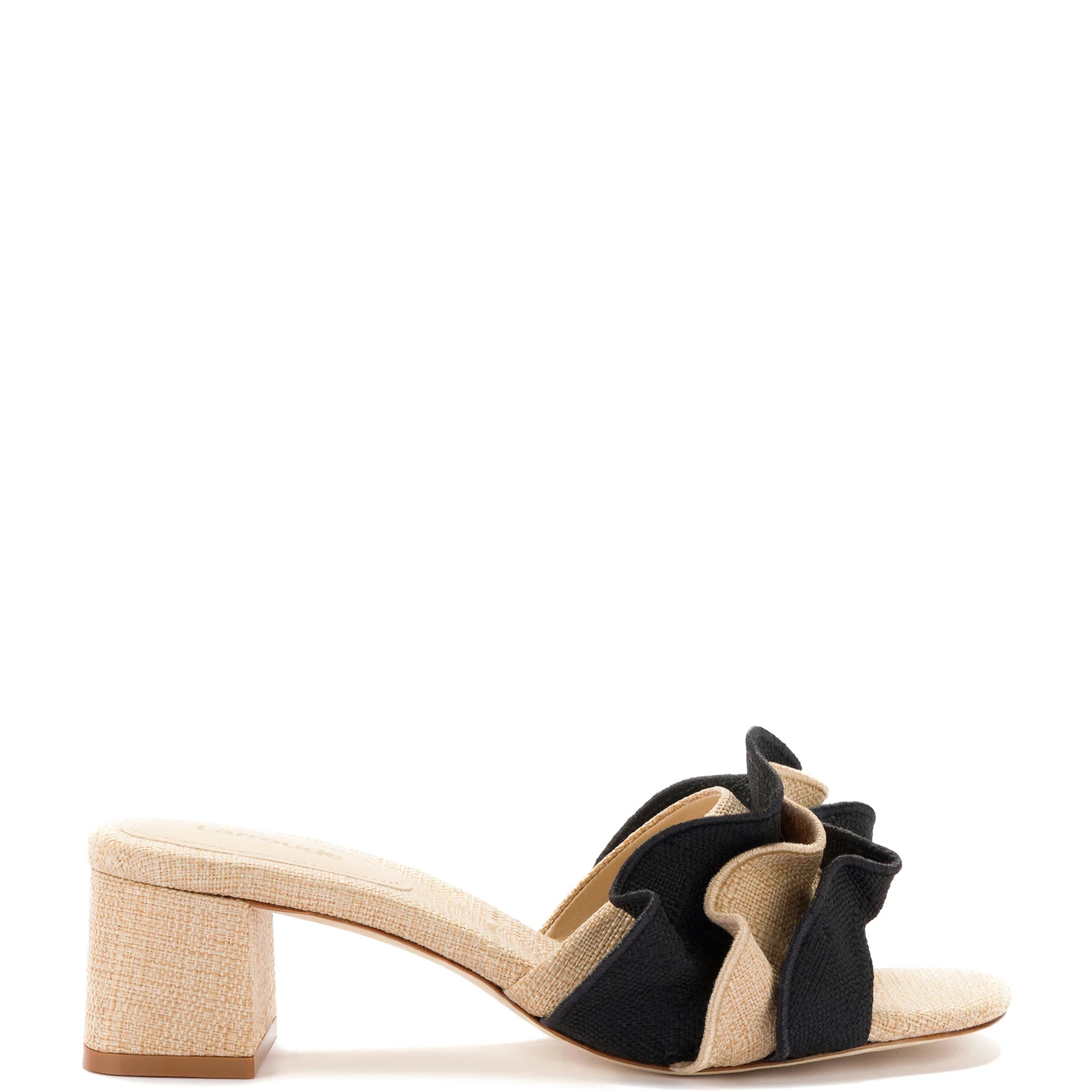 Brigitte Ruffle Mule In Beige and Black Raffia | Larroude