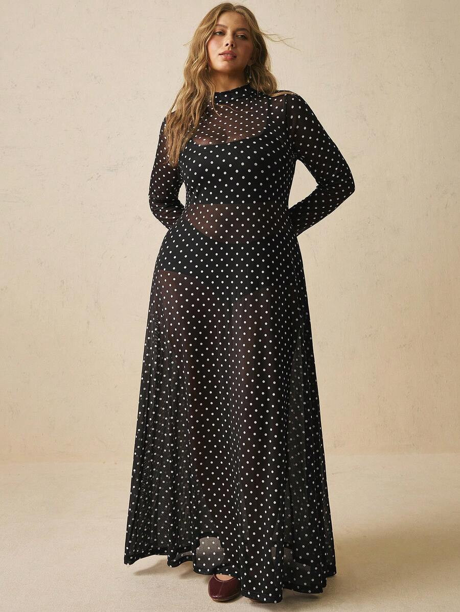 Freevana Plus Size Women's Polka Dot Print Stand Collar Long Sleeve Elegant Dress Fall | SHEIN