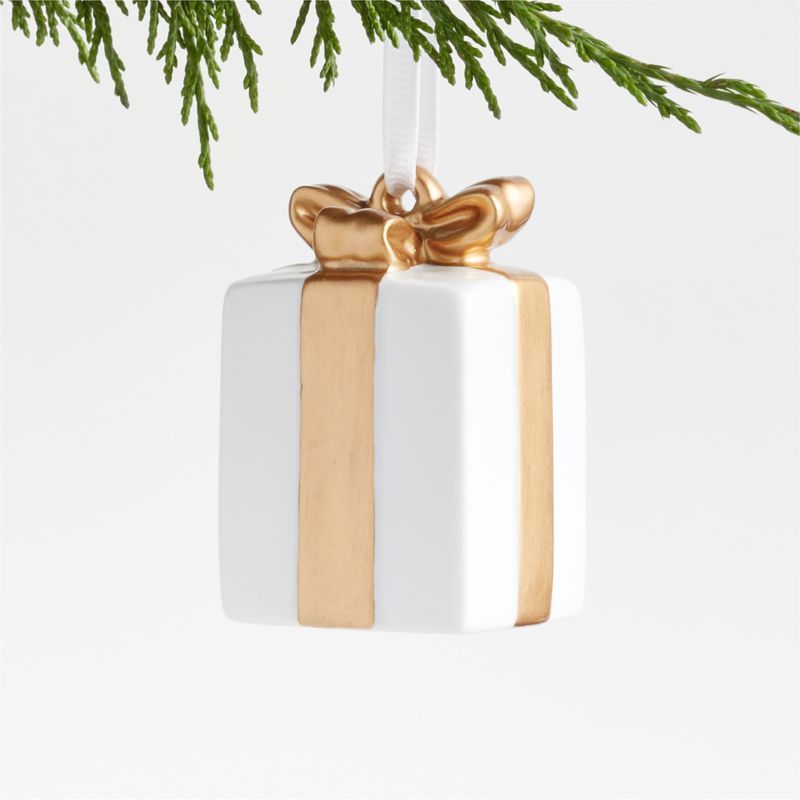 Rectangle White & Gold Ceramic Christmas Present Ornament + Reviews | Crate & Barrel | Crate & Barrel