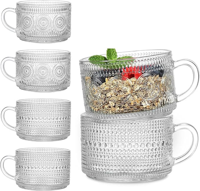 6 Pack Vintage Coffee Mugs 14 Oz Overnight Oats Containers Clear Embossed Tea Cups, Glass Coffee ... | Amazon (US)