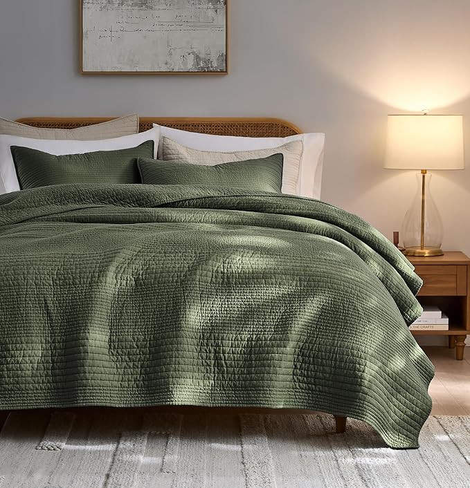 palassio Striped Olive Green 100% Cotton Quilt Twin Size Bedding Sets, Lightweight Crinkly Channe... | Amazon (US)