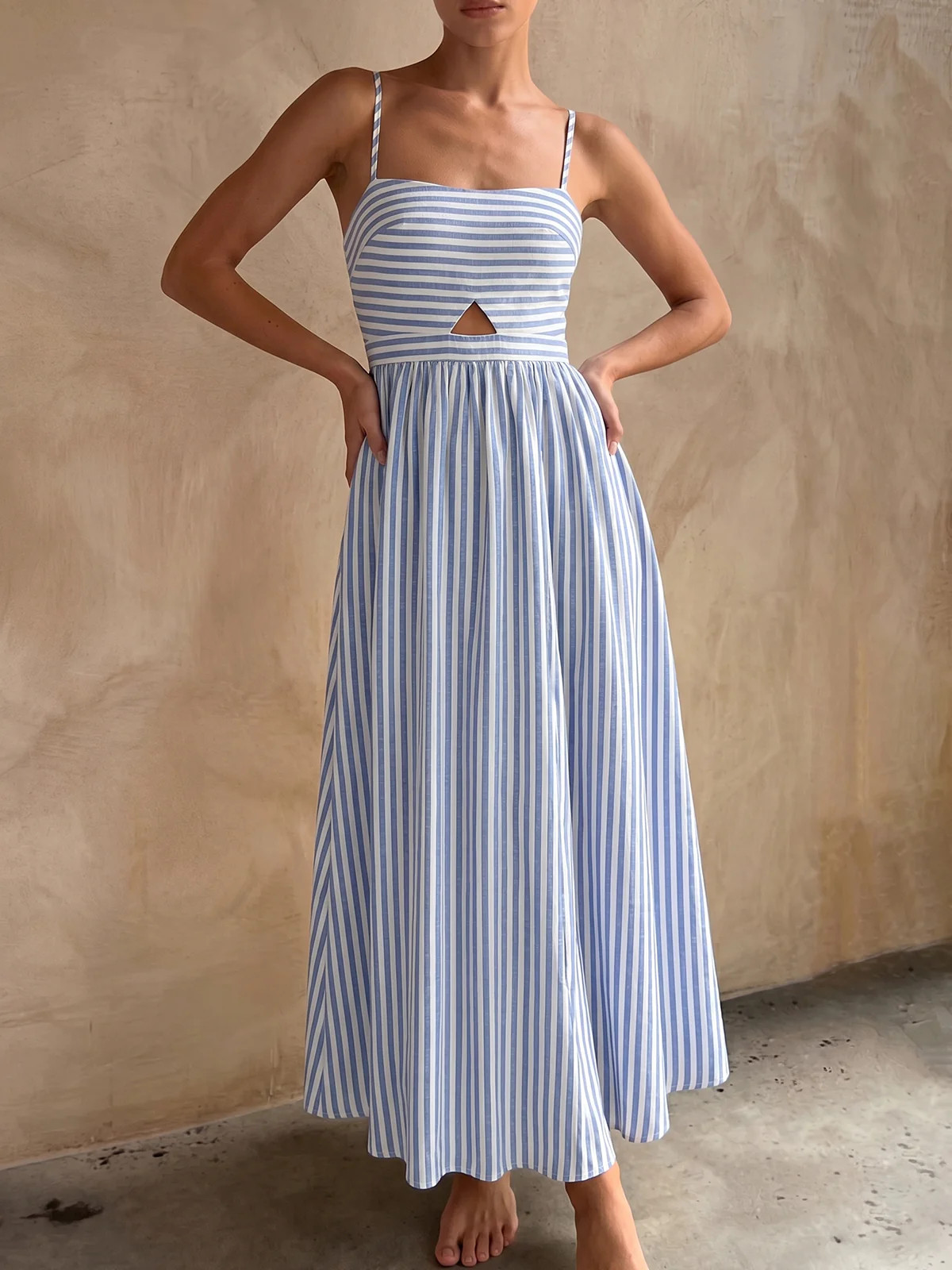 Striped Cutout Cotton Blend Cami Maxi Dress | Commense