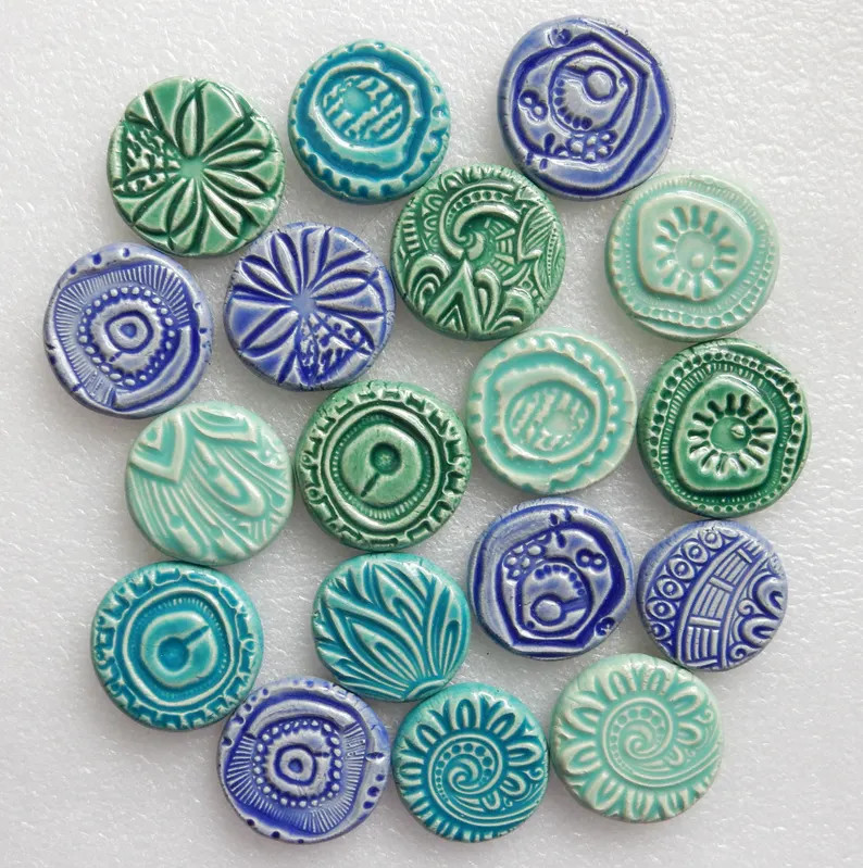 CLAY COINS...18 Handmade Embossed Ceramic Mosaic Tile Embellishments...blues and Greens...earthen... | Etsy (US)