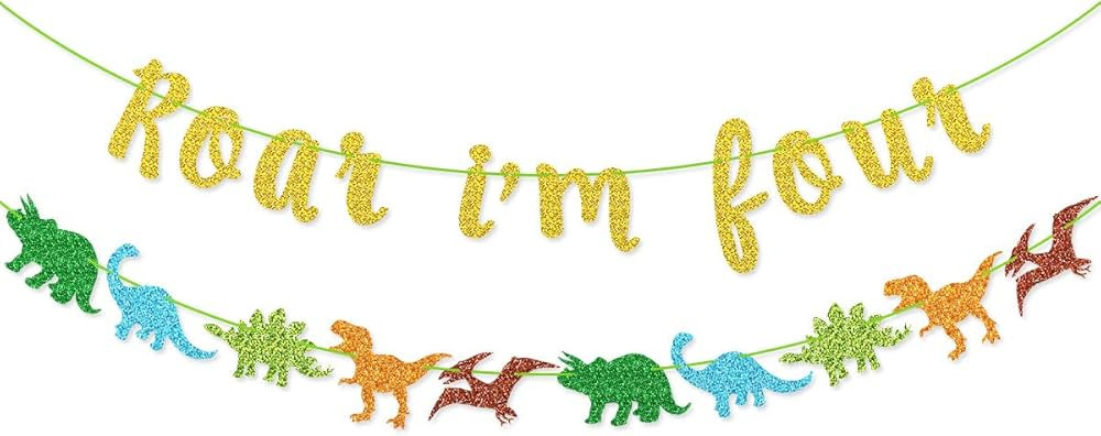 Roar I'm Four Banner Dinosaur Garland for Kids' 4th Dinosaur Birthday Party Decorations | Amazon (US)