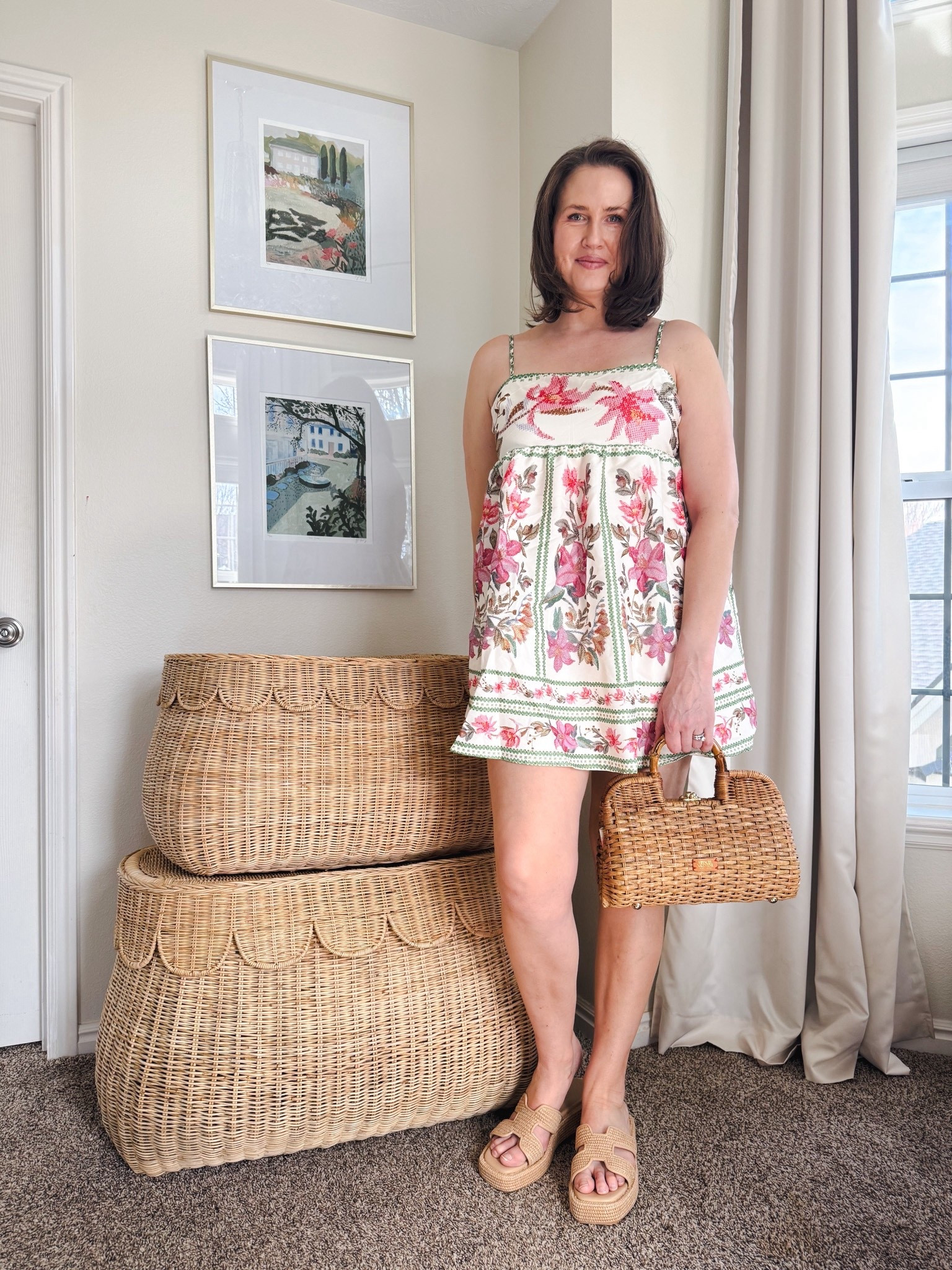 A pretty mini dress for spring and summer. This cute mini dress gives Tuckernuck vibes at an affordable price point! 

@ltk 

I’ve paired my dress with my favorite Frances Valentine basket bag and raffia sandals. 

#date night outfits #spring outfits 2026 #spring dresses #vacation outfits beach #ltkshoecrush 

#LTKootd #LTKTall #LTKOver40