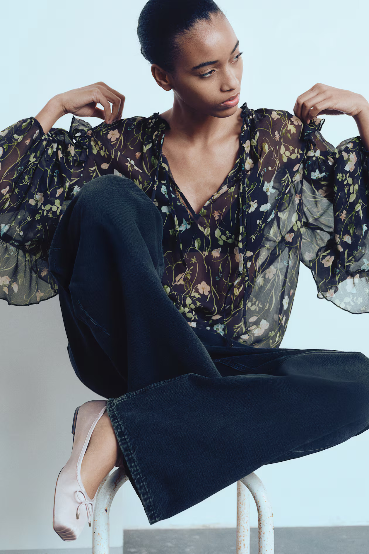Flounced Chiffon Blouse - Black/floral - Ladies | H&M US | H&M (US + CA)