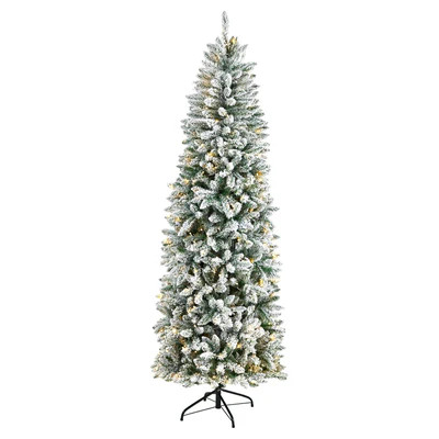 7’ Slim Flocked Montreal Fir Christmas Tree with 300 Warm White LED Lights and 995 Bendable Bra... | Nearly Natural