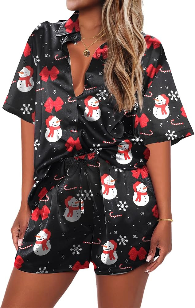 Ekouaer Pajamas for Women Silk Satin Pjs Soft Sleepwear Short Sleeve Button Down Pjs Top and Shor... | Amazon (US)