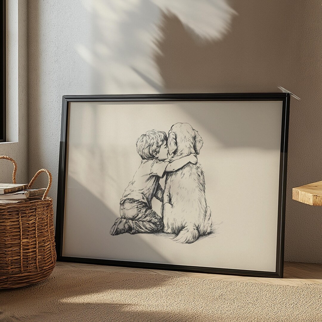 Golden Retriever and Boy Nursery Print, Dog Nursery Art, Kids Room Retro Poster, Dog Sketch Art, ... | Etsy (US)