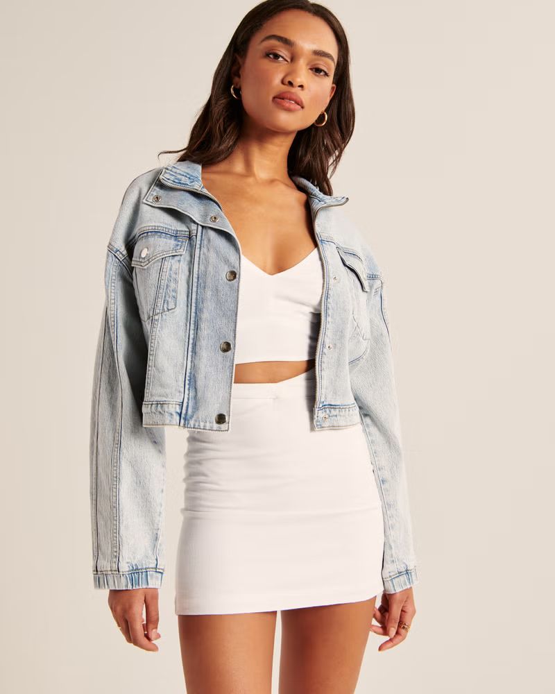 Women's Drapey Mockneck Denim Jacket | Women's | Abercrombie.com | Abercrombie & Fitch (US)