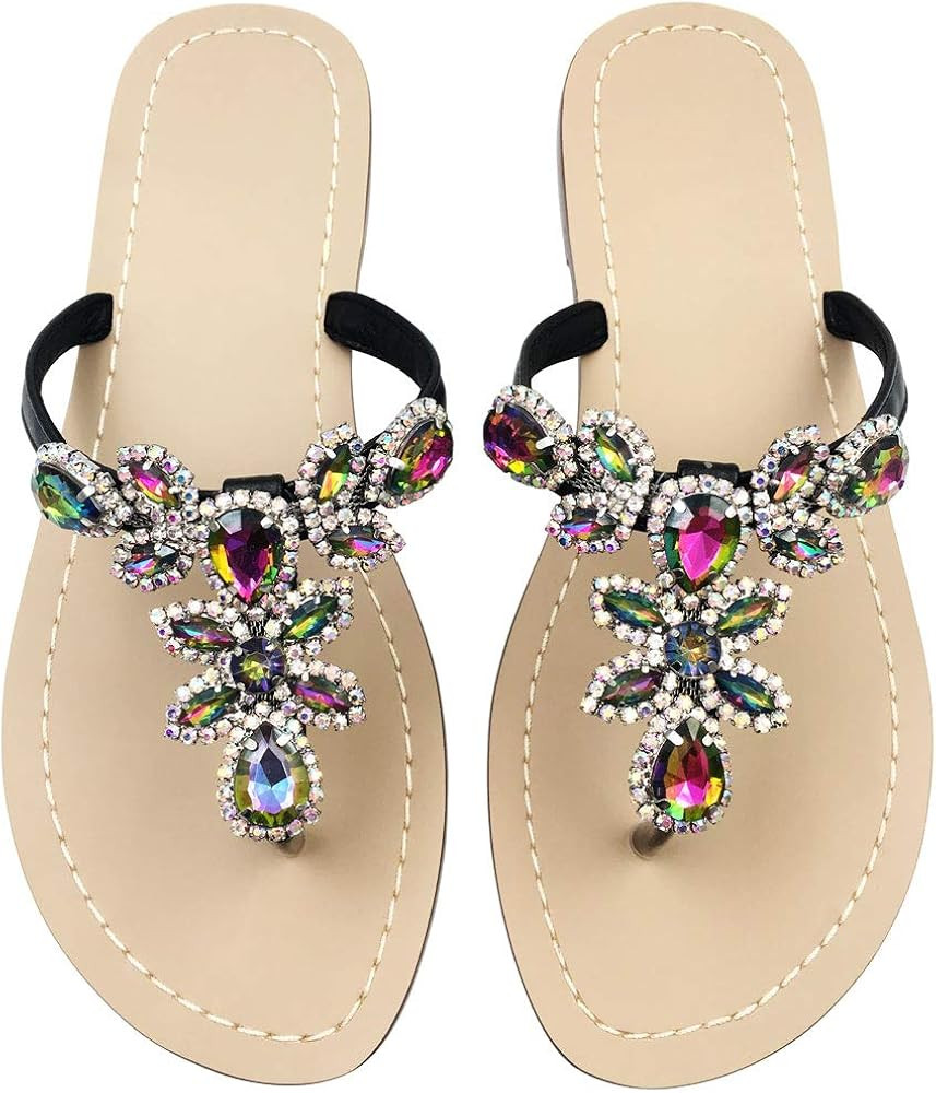 Hinyyrin Available in 13 Colors,Rhinestone Sandals,Women's Flat Sandals,Flip Flop,Jeweled Sandals | Amazon (US)