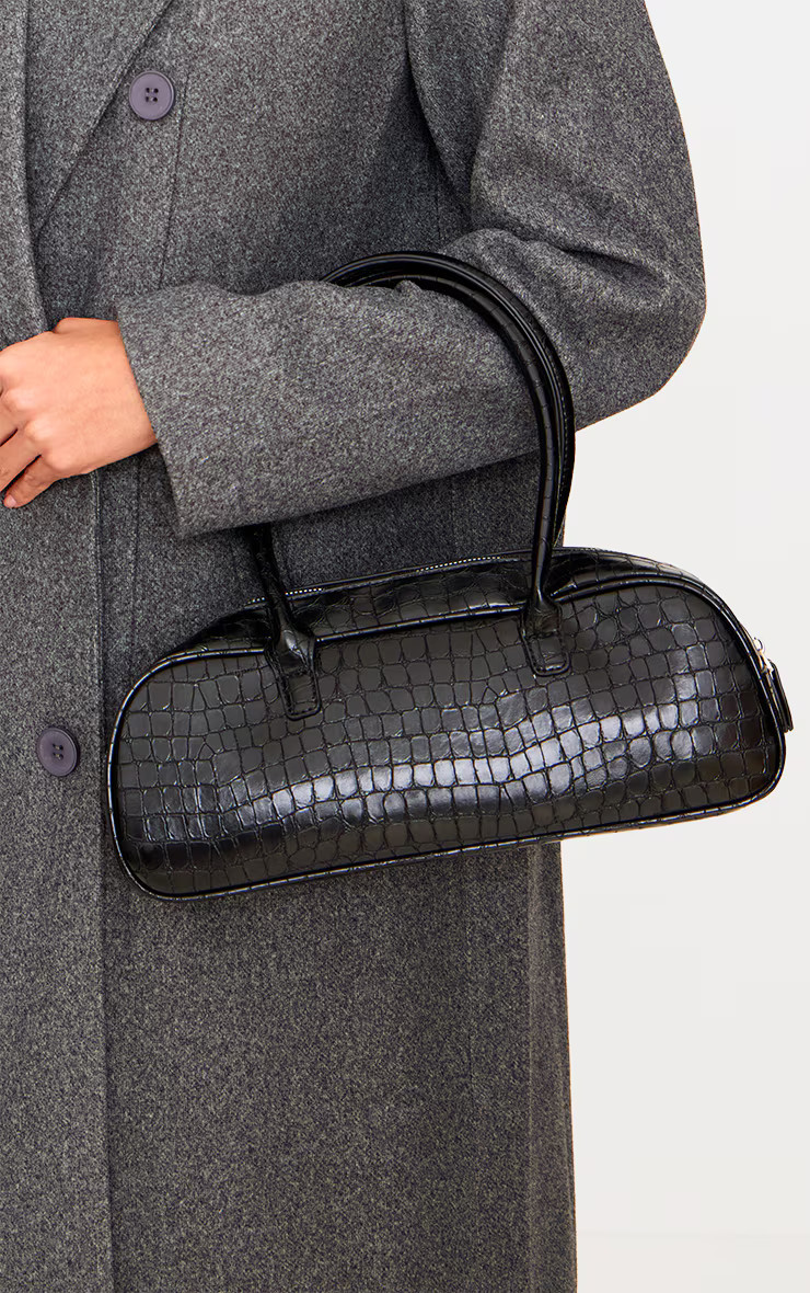 Black Croc PU Baguette Shoulder Bag | PrettyLittleThing US