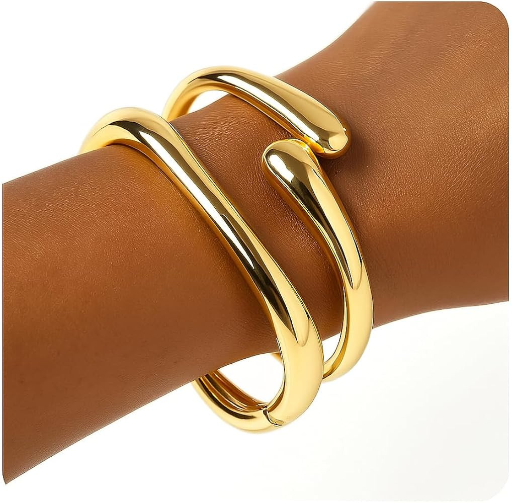 Gold Chunky Bracelet for Women, 14K Gold Plated Gold Bangle Bracelet Silver Chunky Bangles Bead B... | Amazon (US)