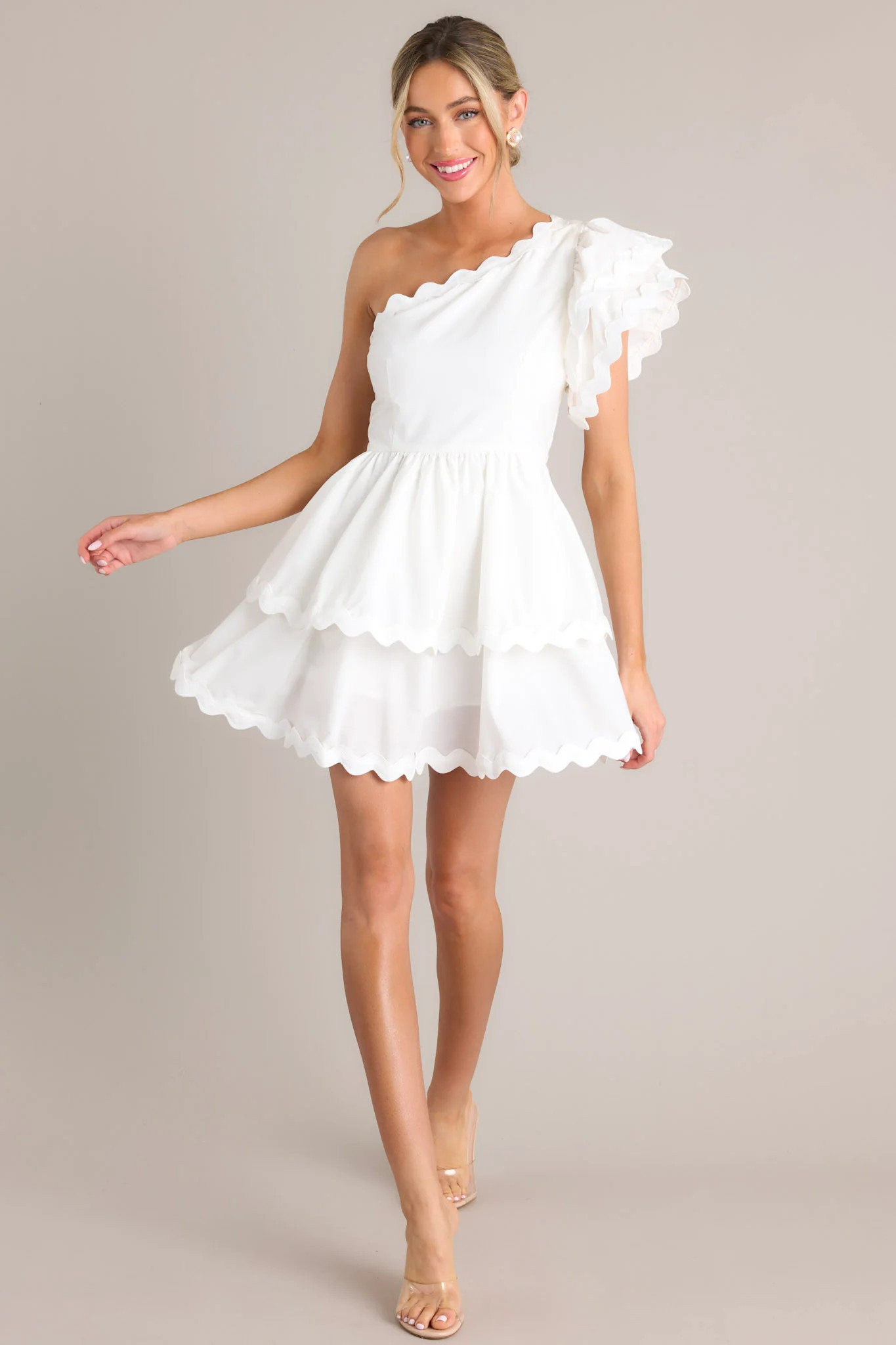 Flirty Flutter White Scallop Tiered One Shoulder Romper | Red Dress