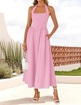 ZESICA Women's Summer Sleeveless Halter Midi Dress 2025 Off Shoulder High Waist Swing Flowy Beach... | Amazon (US)