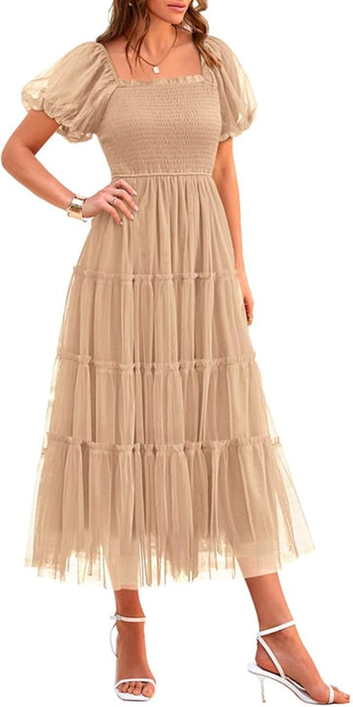 PRETTYGARDEN Women's Smocked Midi Tulle Dress 2026 Summer Puffy Short Sleeve Square Neck Ruffle W... | Amazon (US)