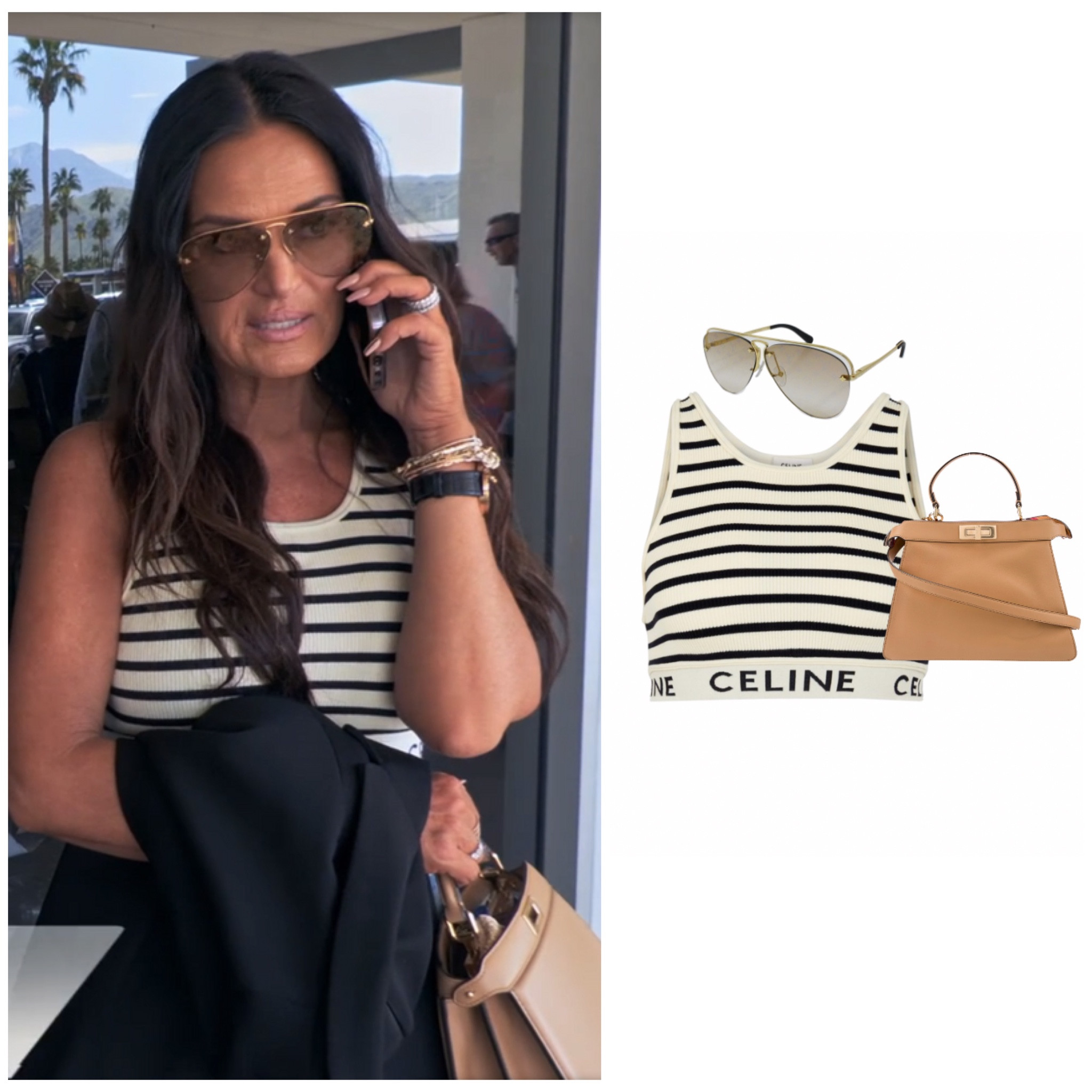 Lisa Barlow’s Striped Celine Crop Top, Tan Bag and Aviator Sunglasses