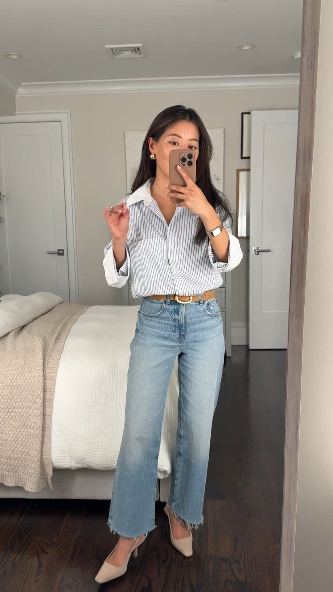 30% off Madewell sitewide!

• Madewell perfect vintage wide crop jeans 24 petite - a flattering longtime favorite of mine. Has some stretch. This Medium blue wash is very versatile. 

For jeans with a raw hem, I use anti fray solution from Amazon on the edges so they don’t unravel further in the wash.

• Button-Up shirt xxs - my exact color is sold out, but comes in lots of different colors and stripes.

• Sculptural Buckle Belt in xxs 

• old AT slingback kitten heels. I own the Sam Edelman ones in another color and they’re super similar  

Petite friendly outfits, smart casual work wear, office style with jeans 

#LTKPetite #LTKWorkwear #LTKFindsUnder100