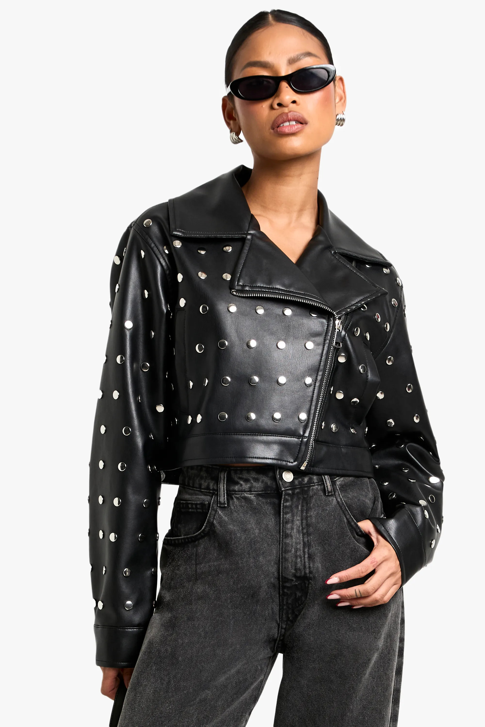 Studded Crop Faux Leather Jacket | boohoo (US & Canada)