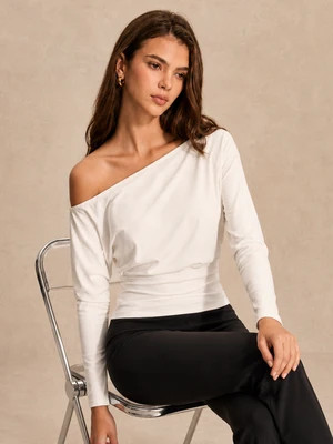 Off Shoulder Ruched Waist Long Sleeve Top | Commense