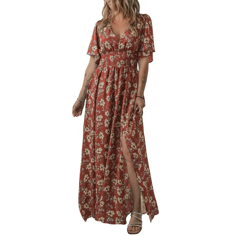 Dokotoo Womens Maxi Dresses Summer Casual Flowy V-neck Empire Waist Floral Long Dress Short Fashi... | Walmart (US)