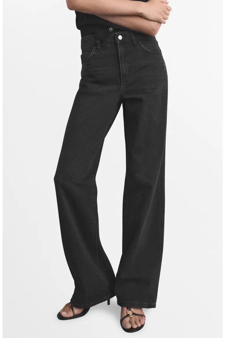 MANGO Danila Raw Hem High Waist Wide Leg Jeans in Medium Blue at Nordstrom, Size 14 | Nordstrom