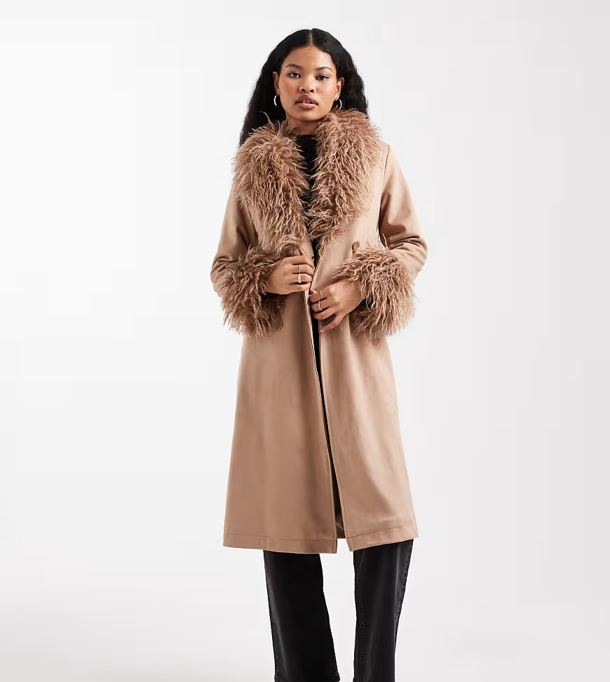New Look Petite belted faux suede faux fur mixed coat in brown-Neutral | ASOS (Global)
