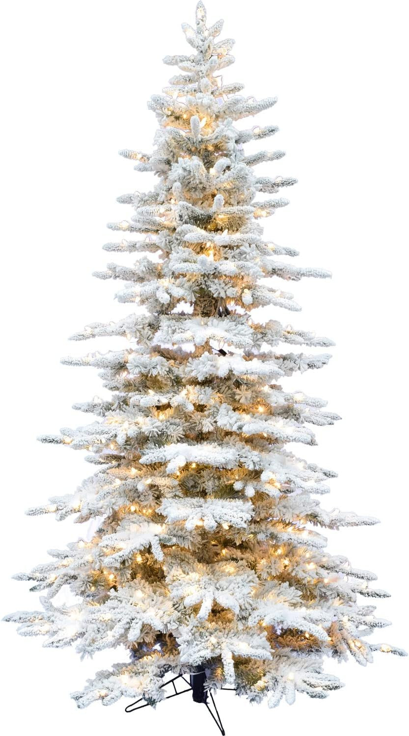 Fraser Hill Farm 9-Ft. Pre-Lit Mountain Pine Snow Flocked Artificial Christmas Tree with Stand, T... | Amazon (US)