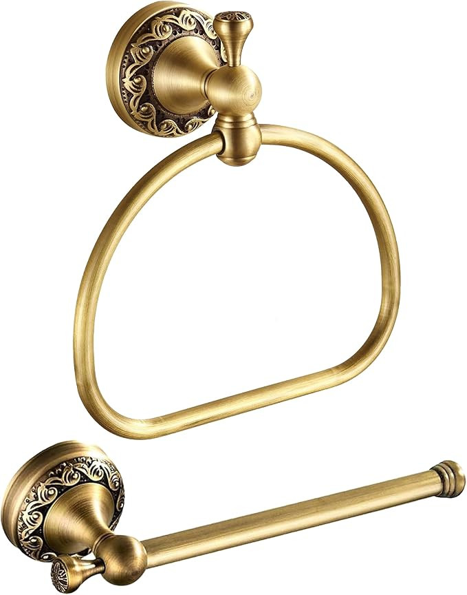 Antique Brass Toilet Paper Holder Towel Ring, Bathroom Hand Towel Holder Wall Mount Tissue Roll H... | Amazon (US)