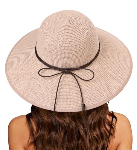 Surblue Women Straw Hat with Chin Strap Wide Brim Summer Beach Hat Boho Sun Hats with Detachable Tie, Foldable Packable Travel Bucket Hat UPF 50+ UV Protection, Pink | Amazon (US)