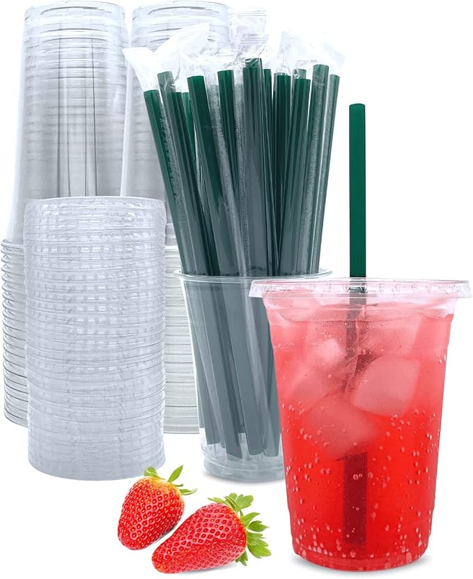 16 oz Clear Plastic Cups with Lids and Straws, Disposable Coffee Cups 25 Sets | Amazon (US)