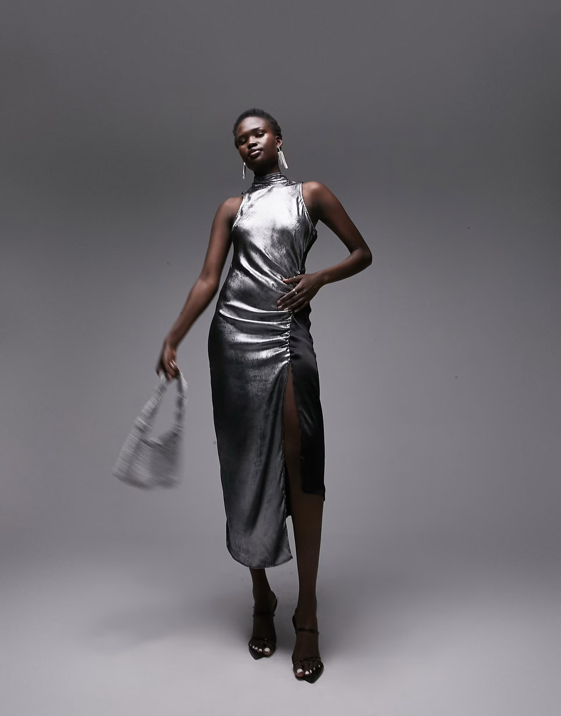 Topshop metallic halter neck midi dress with ruched side in silver | ASOS (Global)
