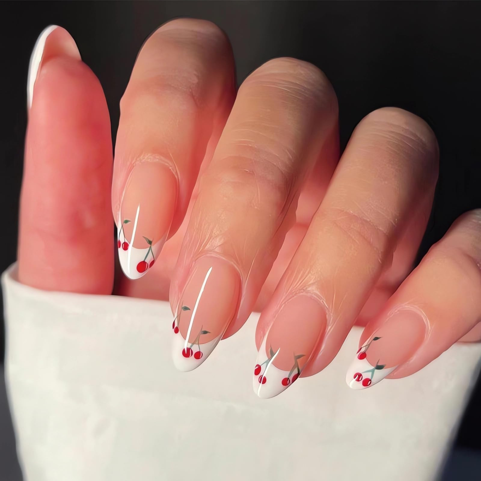 White French Tip Press on Nails Almond Summer Cherry Fake Nails Medium Length Glue on Nails Gloss... | Amazon (US)