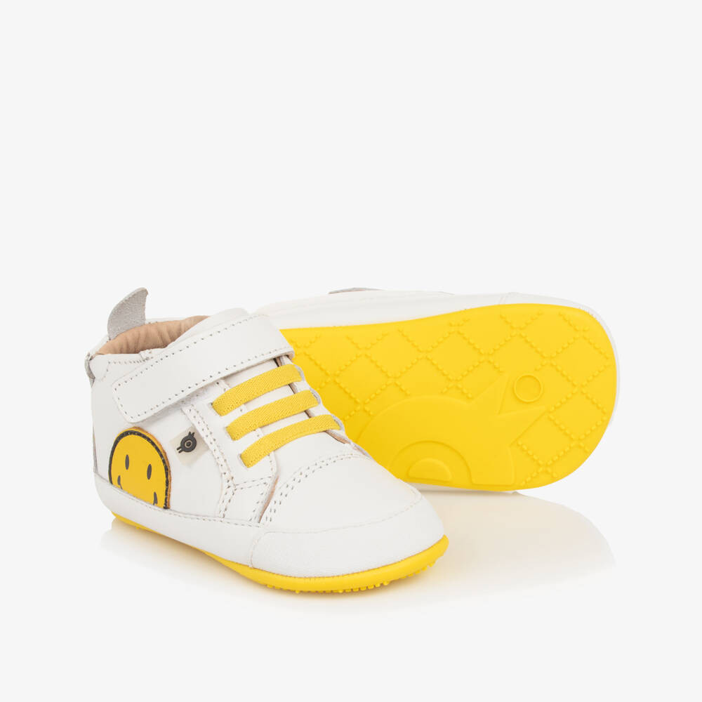 White Leather Happy Face First Walker Trainers | Childrensalon