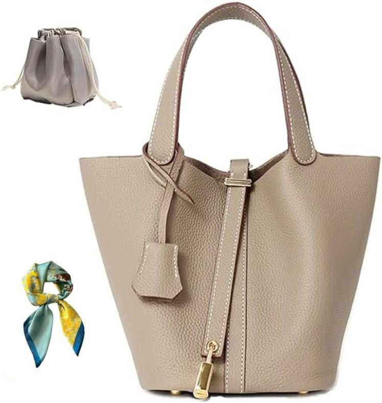 Genuine Leather Bucket Bag for Women: Lock Design Shoulder Handbag Versatile Top-Handle Tote Fash... | Amazon (US)