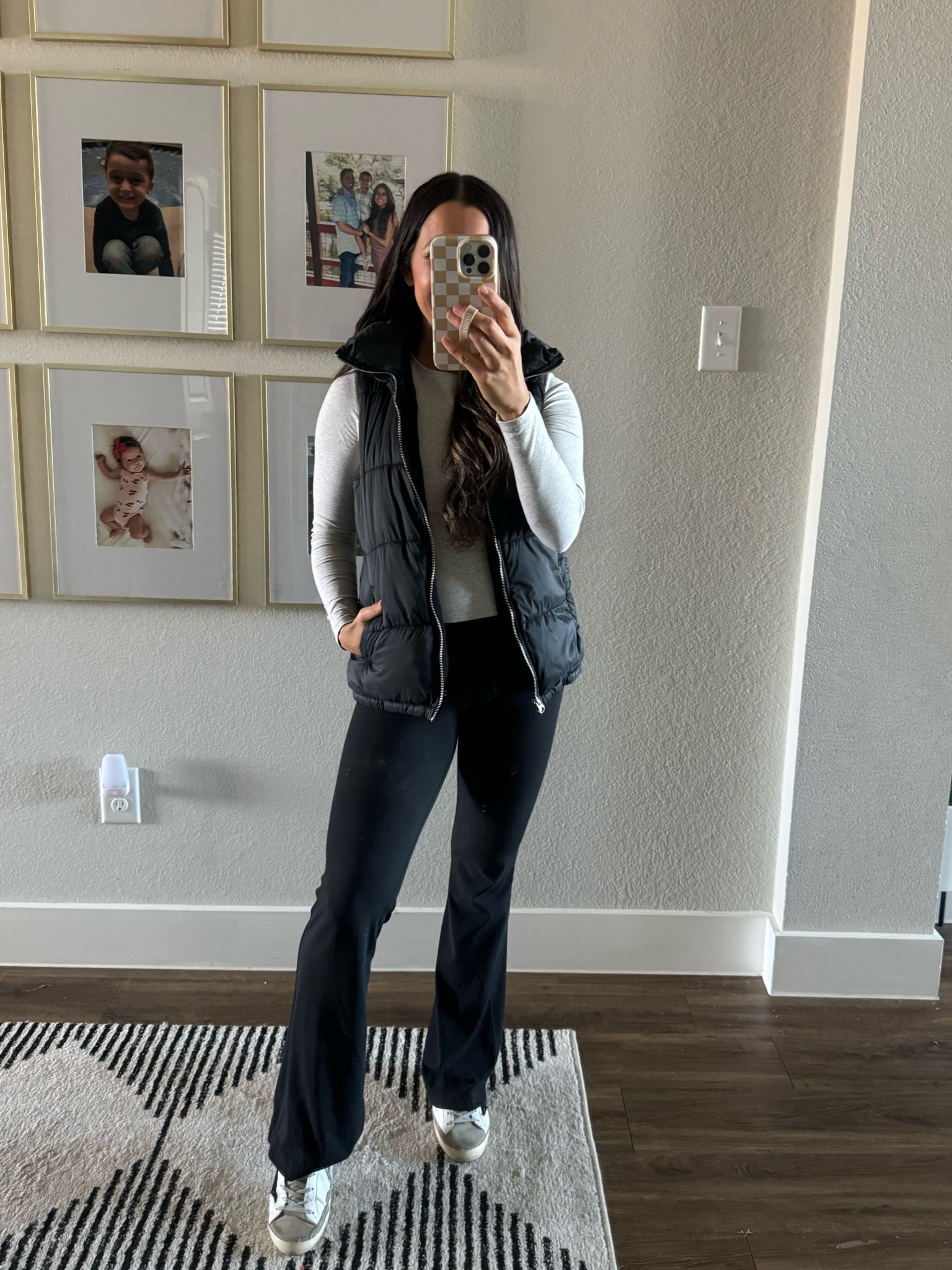Puffer vest outfit, daily outfit, black puffer vest, lululemon flare leggings, mom outfit, petite pants, petite outfits, mom outfit, daily mom outfit, casual outfit, Abercrombie top, gray long sleeve top, golden goose sneakers, long sleeve crop topp

#LTKsalealert #LTKstyletip #LTKSeasonal