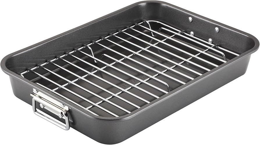 Farberware Bakeware Nonstick Steel Roaster with Flat Rack, 11-Inch x 15-Inch, Gray | Amazon (US)