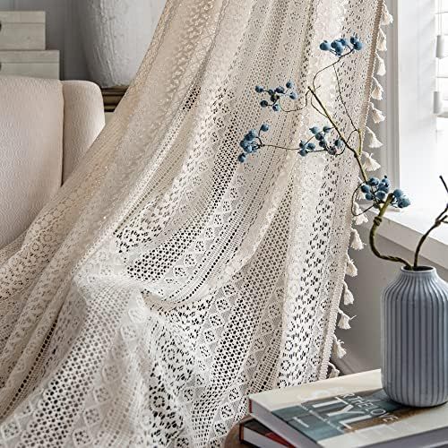 2 Panels Boho Windows Sheer Curtains Crochet Vintage Cotton Tassel Window Curtains Panels for Bed... | Amazon (US)