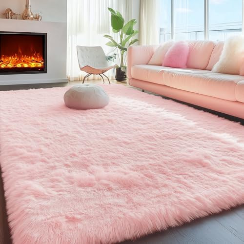 PAGISOFE Pink Fluffy Plush Area Rug 5x8, Kids Shag Rugs for Bedroom Girls, Living Room, Pastel Ca... | Amazon (US)