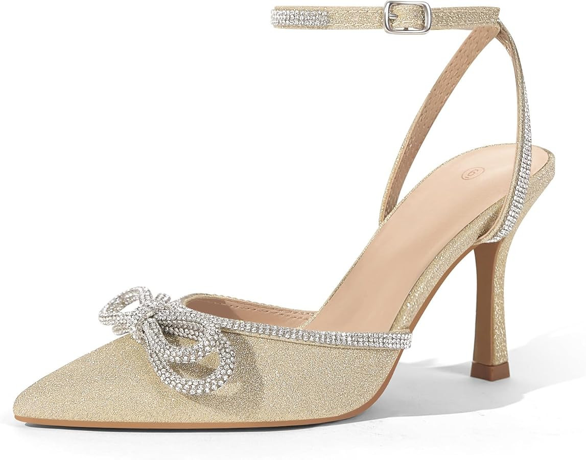 VETASTE Women's Double Bow Pointed Toe Ankle Strap Crystal Pumps Wedding Bridal Party Stilettos B... | Amazon (US)