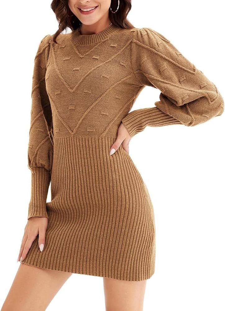 CURLBIUTY Women Long Sleeve Knitted Sweater Dress Crewneck Slim Bodycon Pencil Dress | Amazon (US)