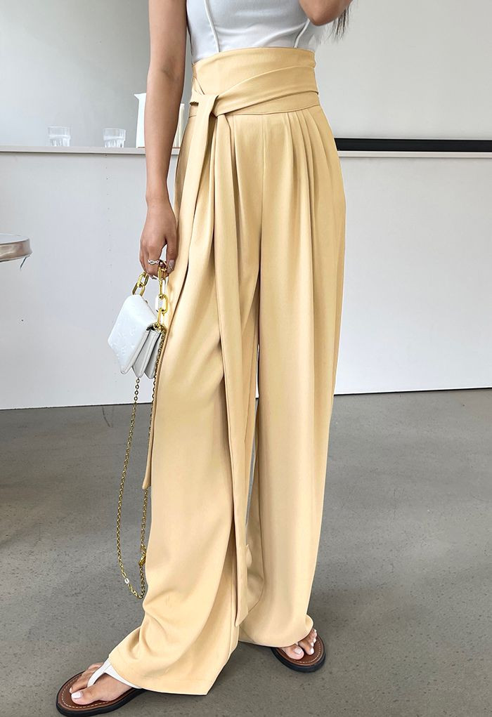 Bowknot High Waist Wide-Leg Pants in Light Tan | Chicwish