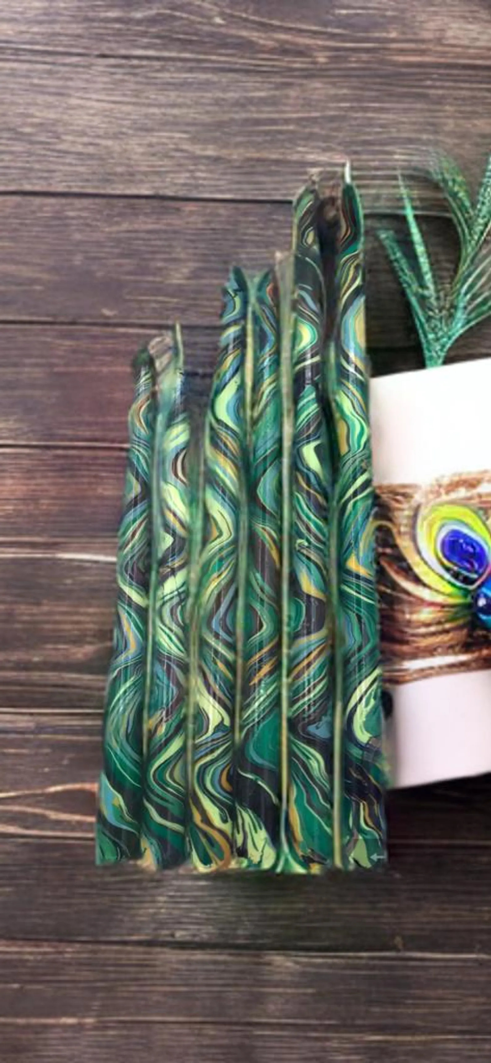 Marbled Taper Candle Peacock Swirl Elegant Iridescent Dip-dyed Candlestick Handpainted Home Desig... | Etsy (US)