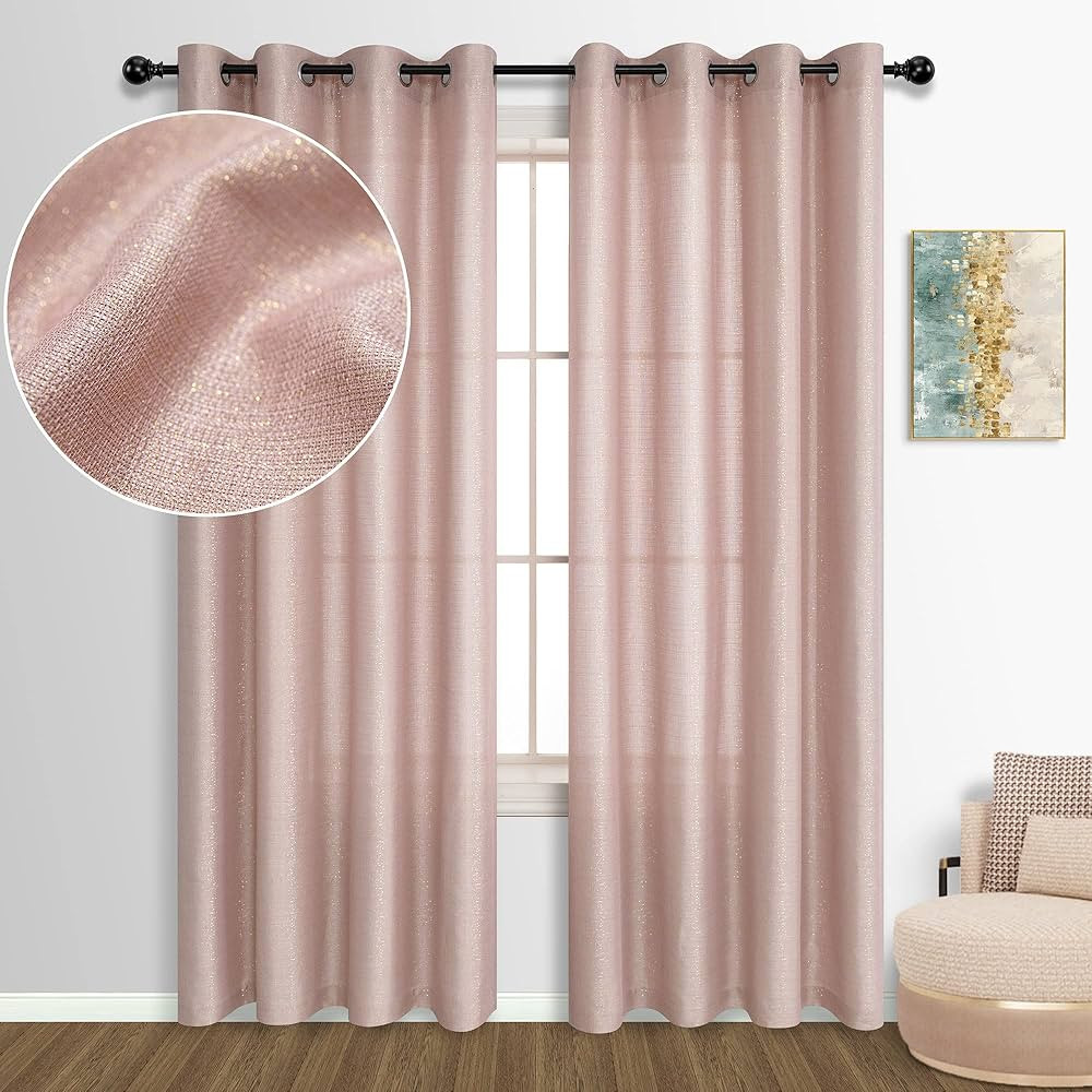 Pink and Gold Curtains 84 Inch Length for Living Room 2 Panels Grommet Drapes Semi Sheer Sparkle ... | Amazon (US)