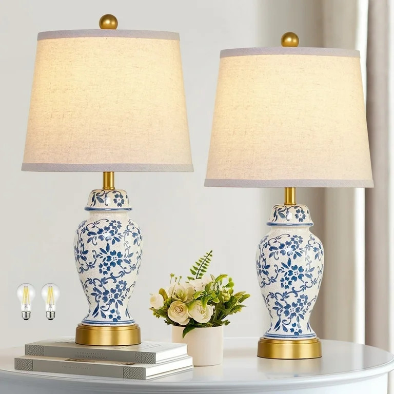 RORIA 22" Classic Blue and White Porcelain Table Lamp Set of 2, Rustic Farmhouse-Style Ceramic Be... | Walmart (US)