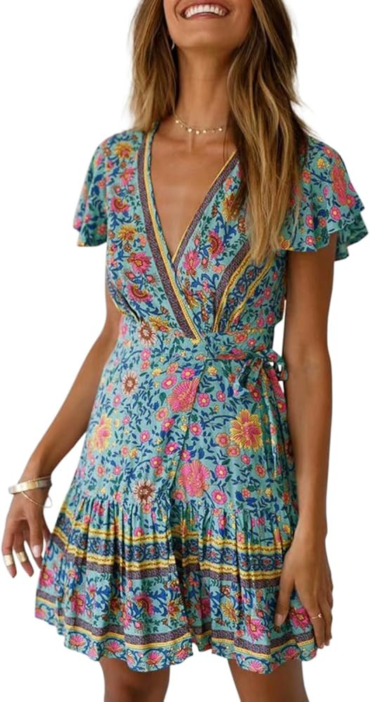 ZESICA Women's 2024 Summer Wrap V Neck Bohemian Floral Print Ruffle Swing A Line Beach Mini Dress | Amazon (US)
