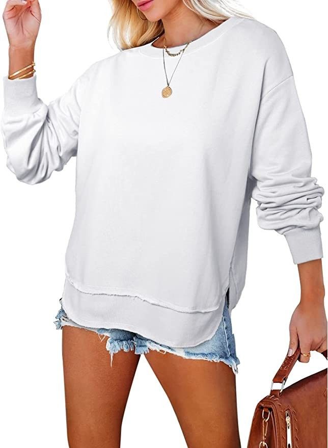 EVALESS Sweatshirt for Women Casual Solid Color Crewneck Long Sleeve Side Split Tunic Tops Loose Fit | Amazon (US)